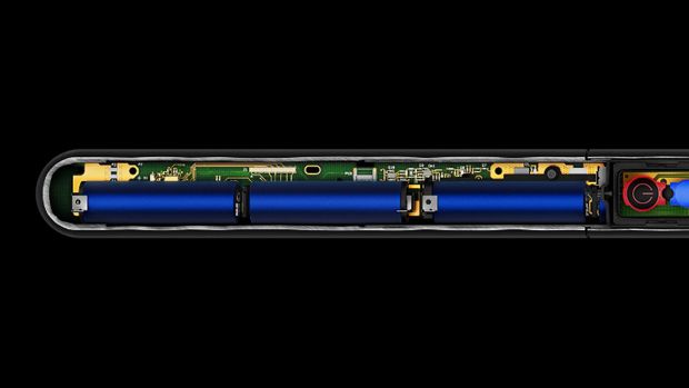 Cutaway showing the battery within the Dyson PencilVac cleaner.