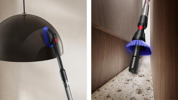 Dyson PencilVac cleaner used to clean a ceiling lampshade and in between furniture.