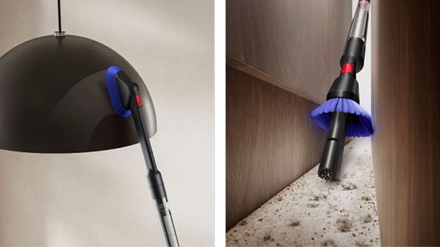 Dyson PencilVac cleaner used to clean a ceiling lampshade and in between furniture.