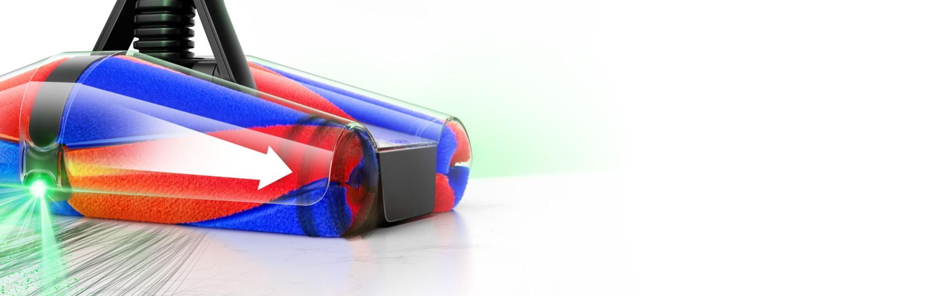 ภาพซูมใกล้ของหัวดูดทำความสะอาด Dyson Fluffycones แสดงให้เห็นไฟและทิศทางที่เส้นผมเคลื่อนที่เมื่อมีการดูดจับ