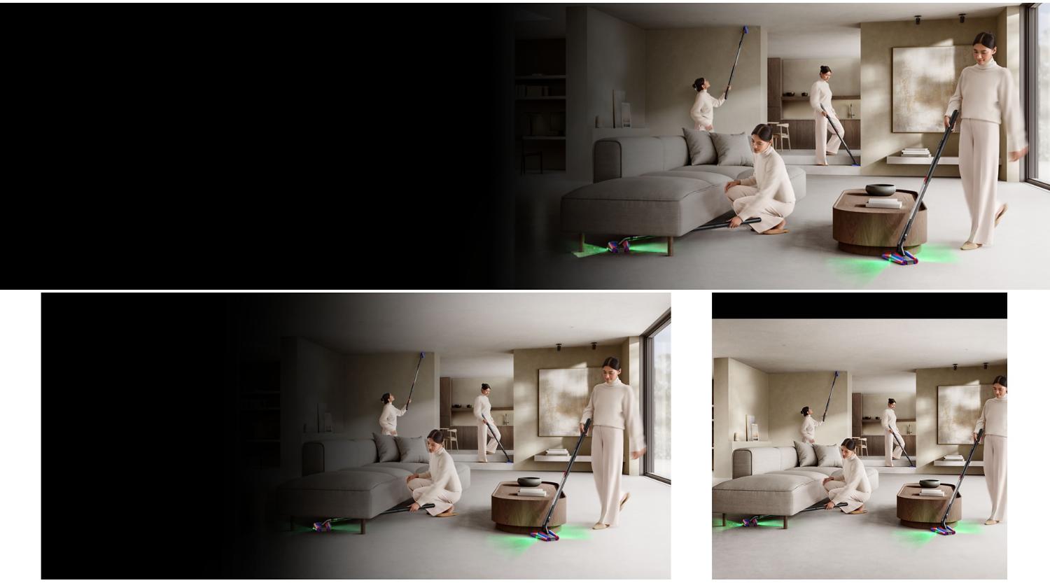 Dyson PencilVac Fluffyconesクリーナーで家の周りを掃除する人。