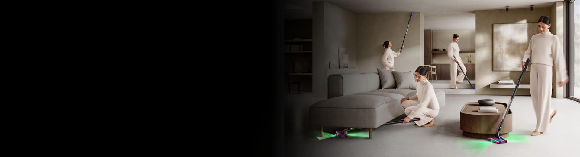 Osoba uklízí svou domácnost pomocí vysavače Dyson PencilVac Fluffycones.