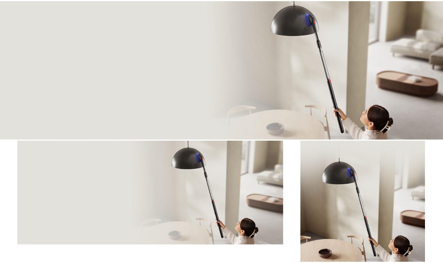 Dyson PencilVacクリーナーと回転式コンビクレビスツールを使って、天井に取り付けられた照明を掃除