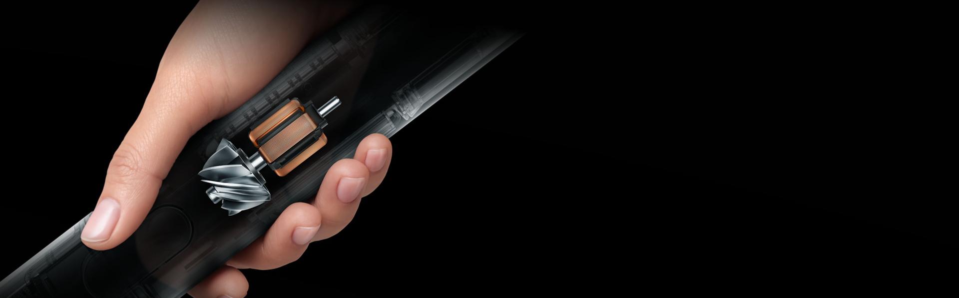 ภาพตัดขวางแสดงมอเตอร์ Dyson Hyperdymium 140k ที่ทรงพลังภายในเครื่องดูดฝุ่น Dyson PencilVac