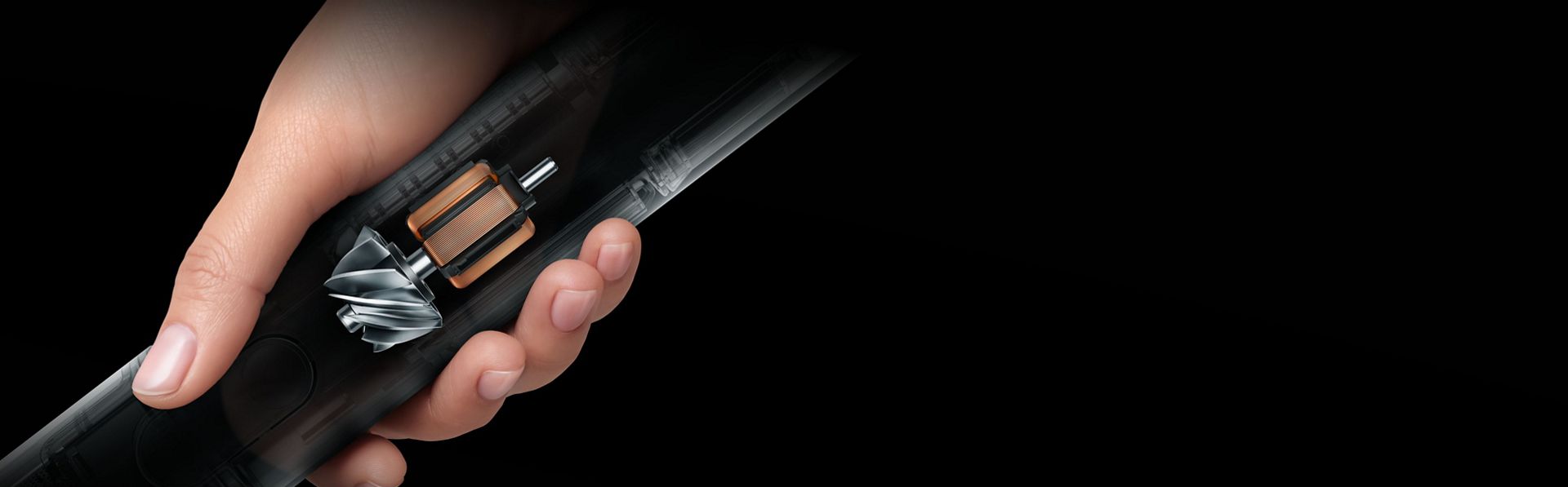 Cutaway showing the powerful Dyson Hyperdymium 140k motor inside the Dyson PencilVac cleaner.