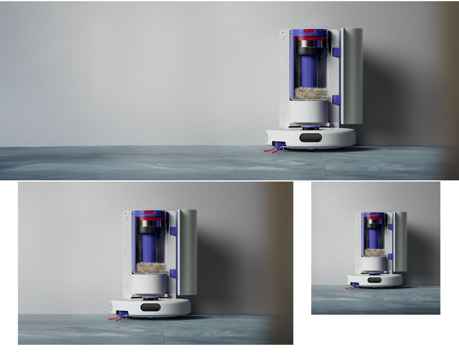 Dyson R1 Nurovi Dry robot vacuum cleaner self-emptying in its dock.