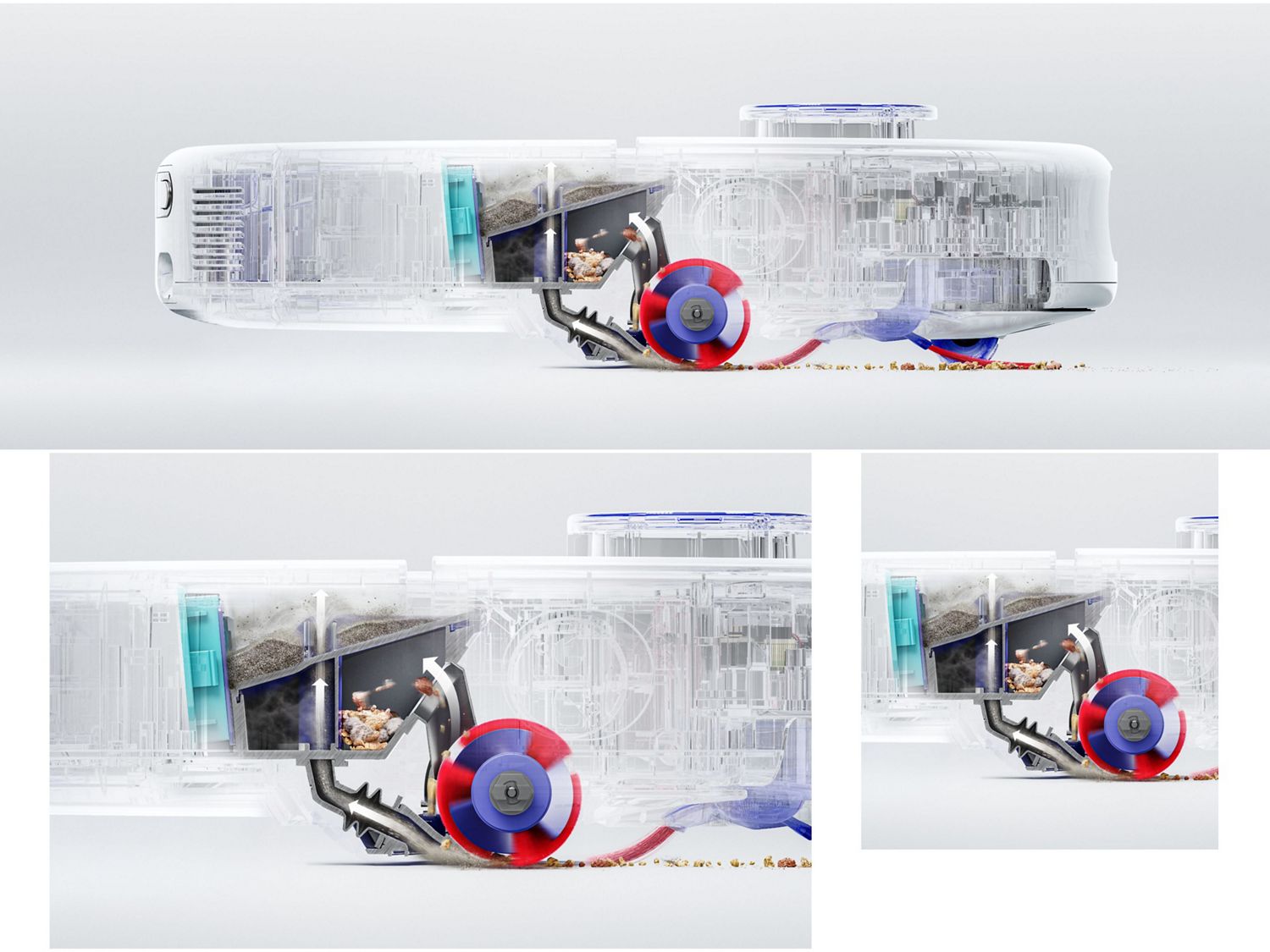 Cutaway shows the Twin-capture system inside the Dyson R1 Nurovi and R2 Nurovi robot vacuum cleaners.