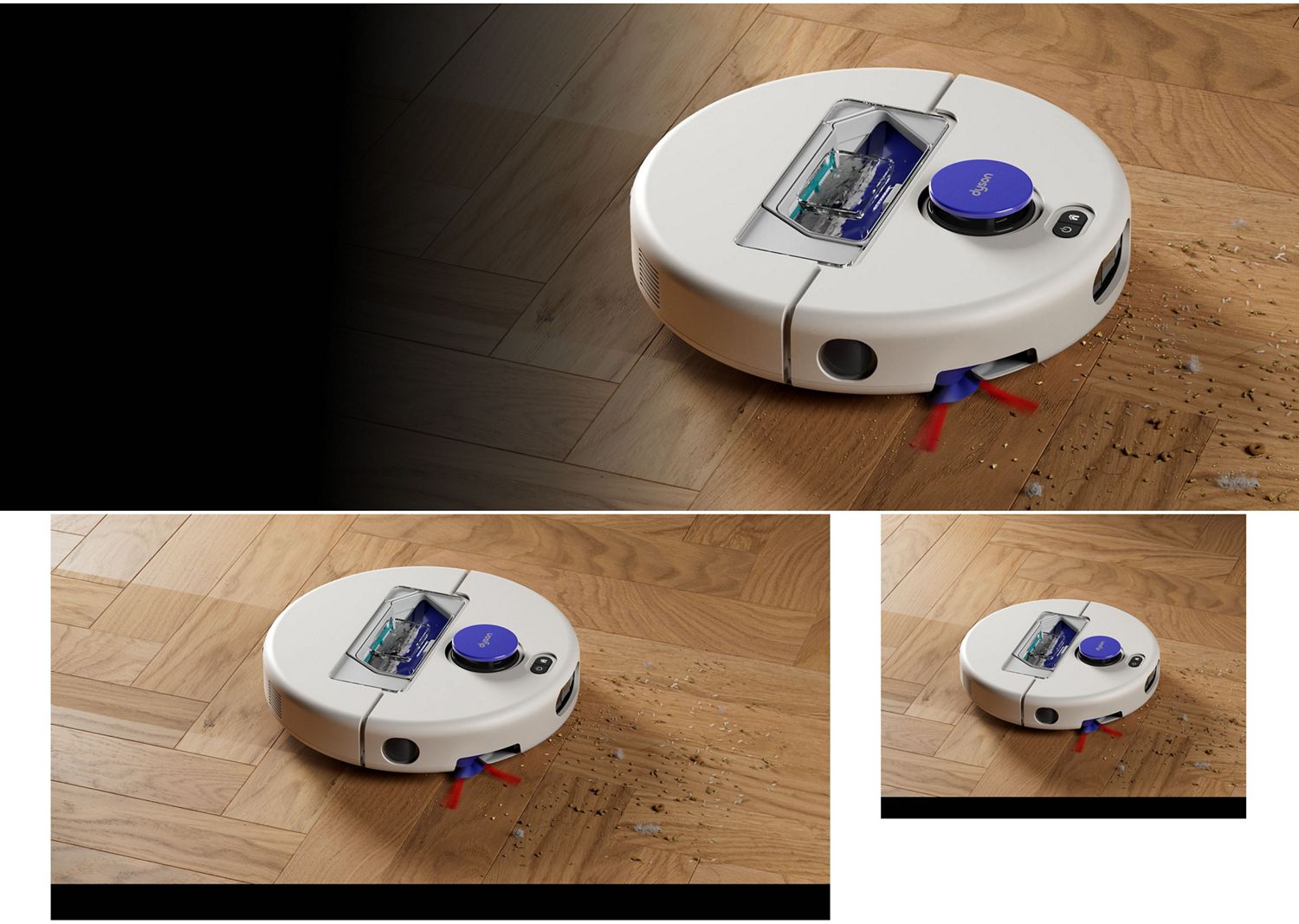 A Dyson R1 Nurovi or R2 Nurovi robot vacuum cleaner cleaning a carpet.