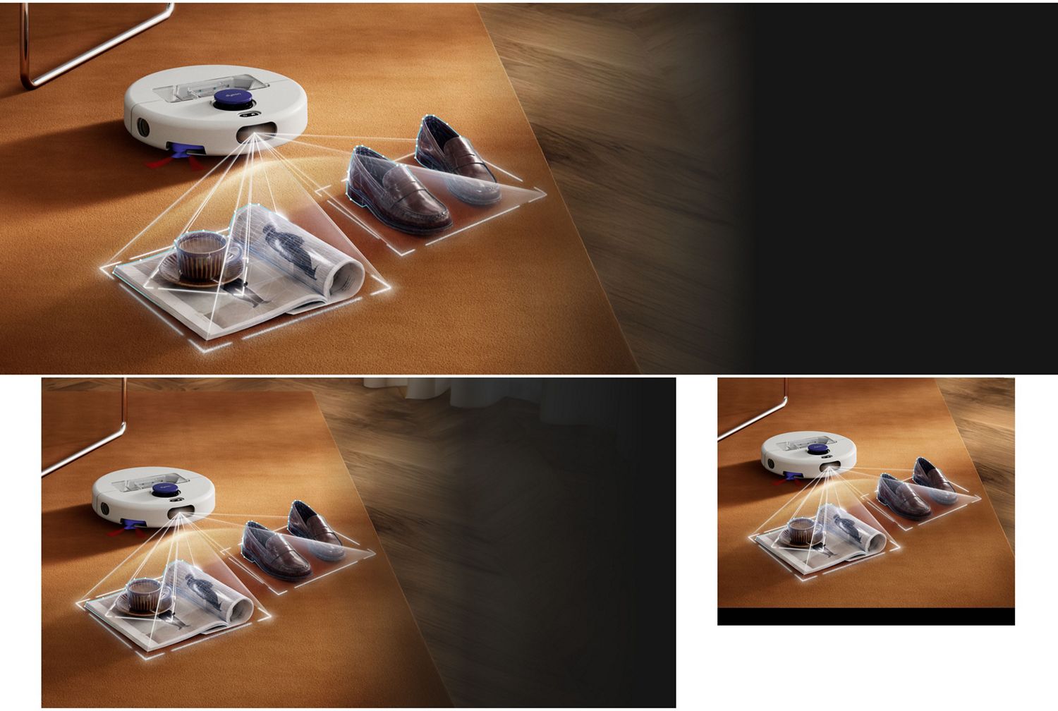 A Dyson R1 Nurovi or R2 Nurovi robot vacuum cleaner detects and avoids obstacles in a home.