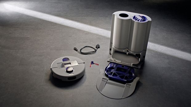Dyson R2 Nurovi Wash+Dry robot vacuum with dock and charger cable.