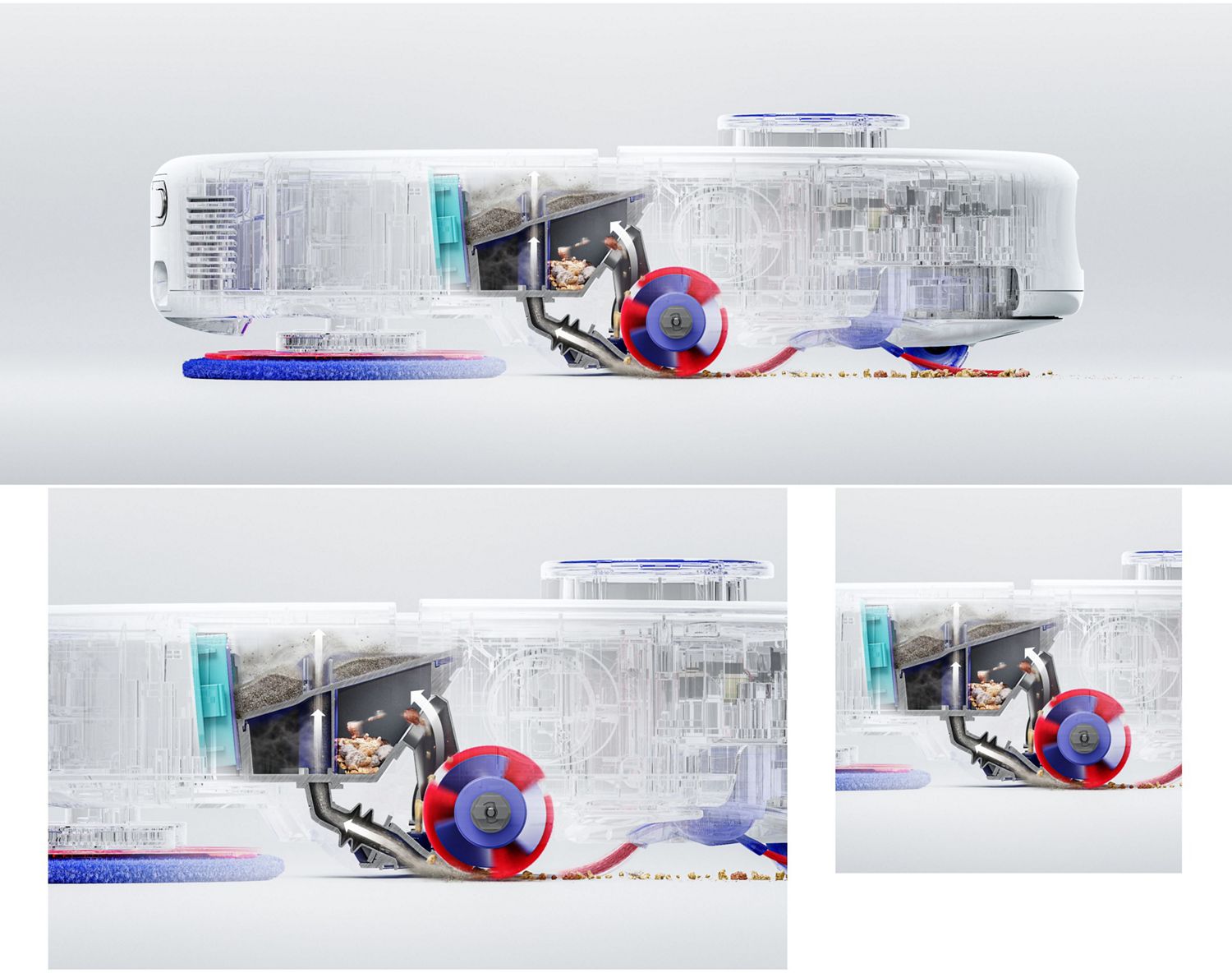 Cutaway shows the Twin-capture system inside the Dyson R1 Nurovi and R2 Nurovi robot vacuum cleaners.