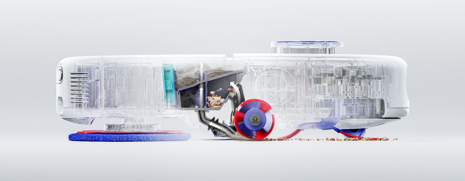 Cutaway shows the Twin-capture system inside the Dyson R1 Nurovi and R2 Nurovi robot vacuum cleaners.