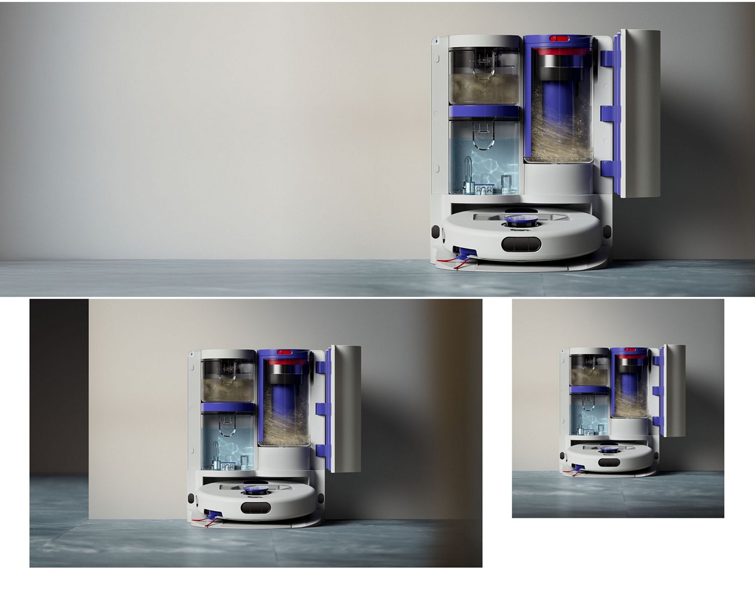 Dyson R2 Nurovi WashDry robot vacuum cleaner self-emptying and cleaning in its dock.