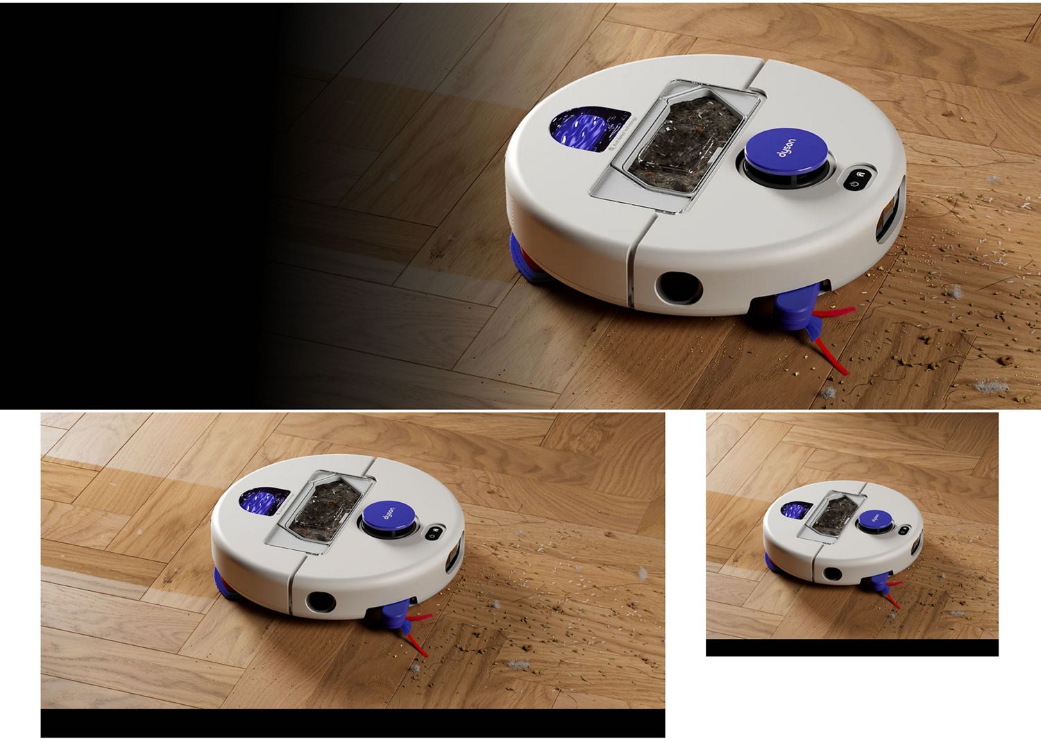A Dyson R1 Nurovi or R2 Nurovi robot vacuum cleaner cleaning between hard floors and carpet.