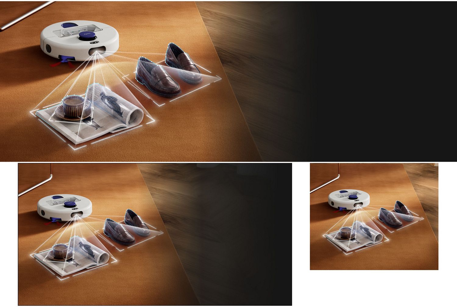 A Dyson R1 Nurovi or R2 Nurovi robot vacuum cleaner detects and avoids obstacles in a home.