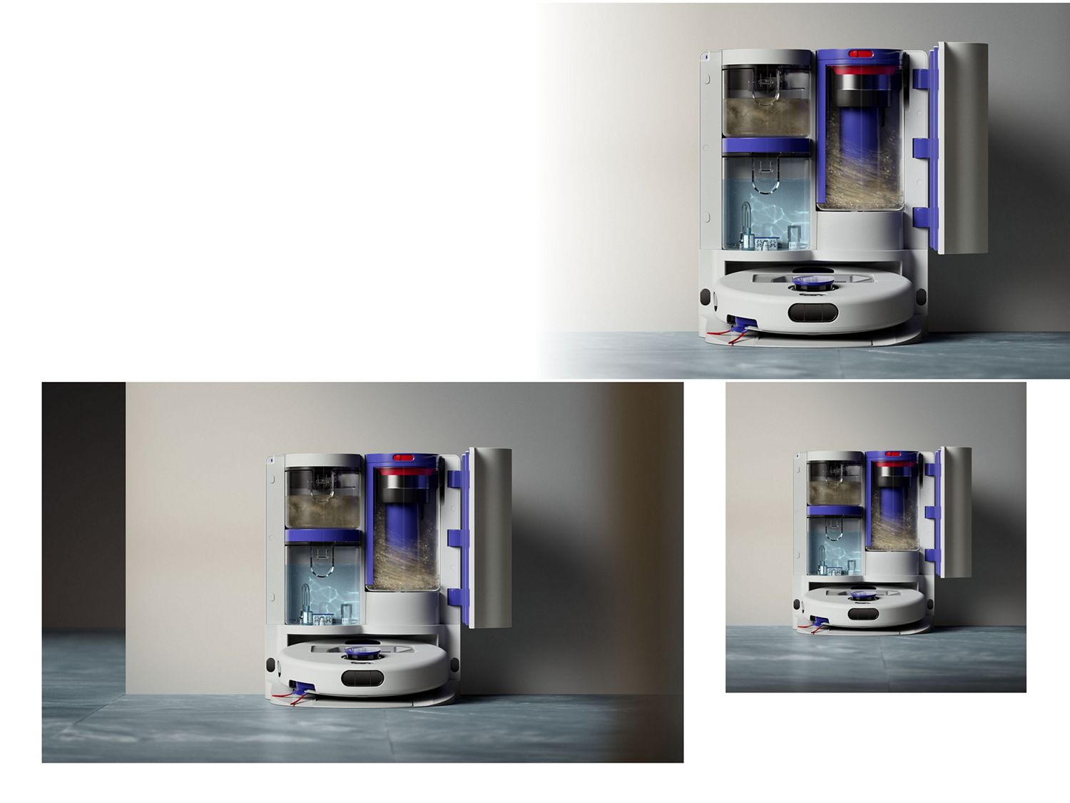 Dyson R2 Nurovi Wash+Dry robot vacuum cleaner self-emptying and cleaning in its dock.