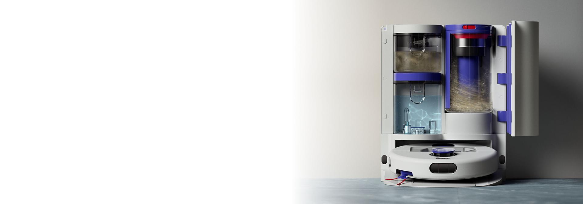 Dyson R2 Nurovi WashDry robot vacuum cleaner self-emptying and cleaning in its dock.