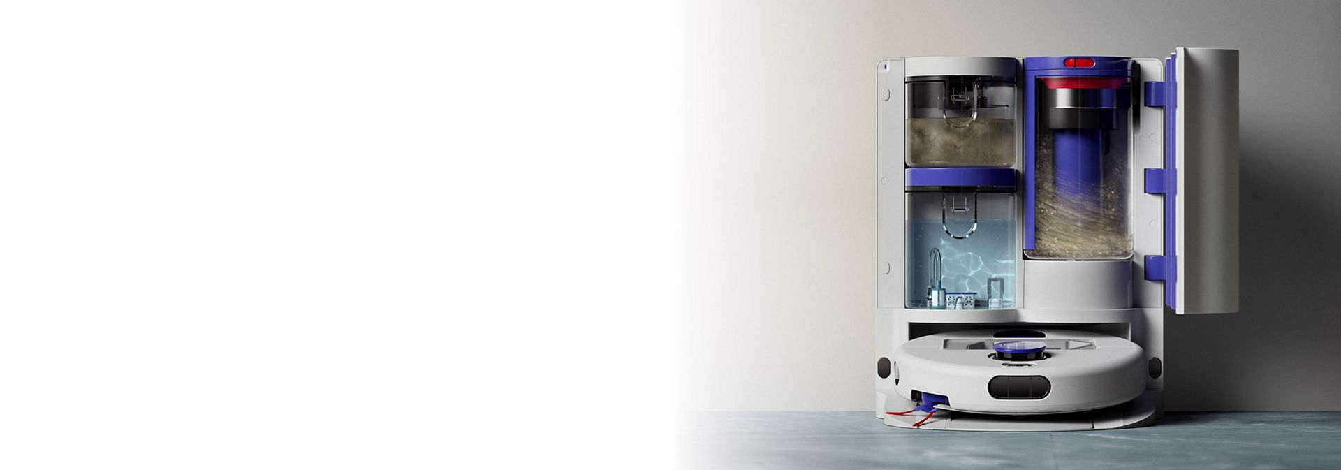 Dyson R2 Nurovi WashDry robot vacuum cleaner self-emptying and cleaning in its dock.