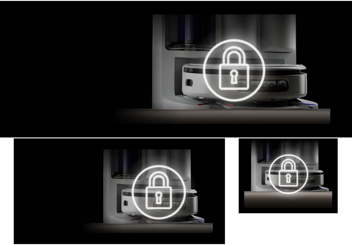 A Dyson Nurovi robot vacuum behind a padlock symbol.
