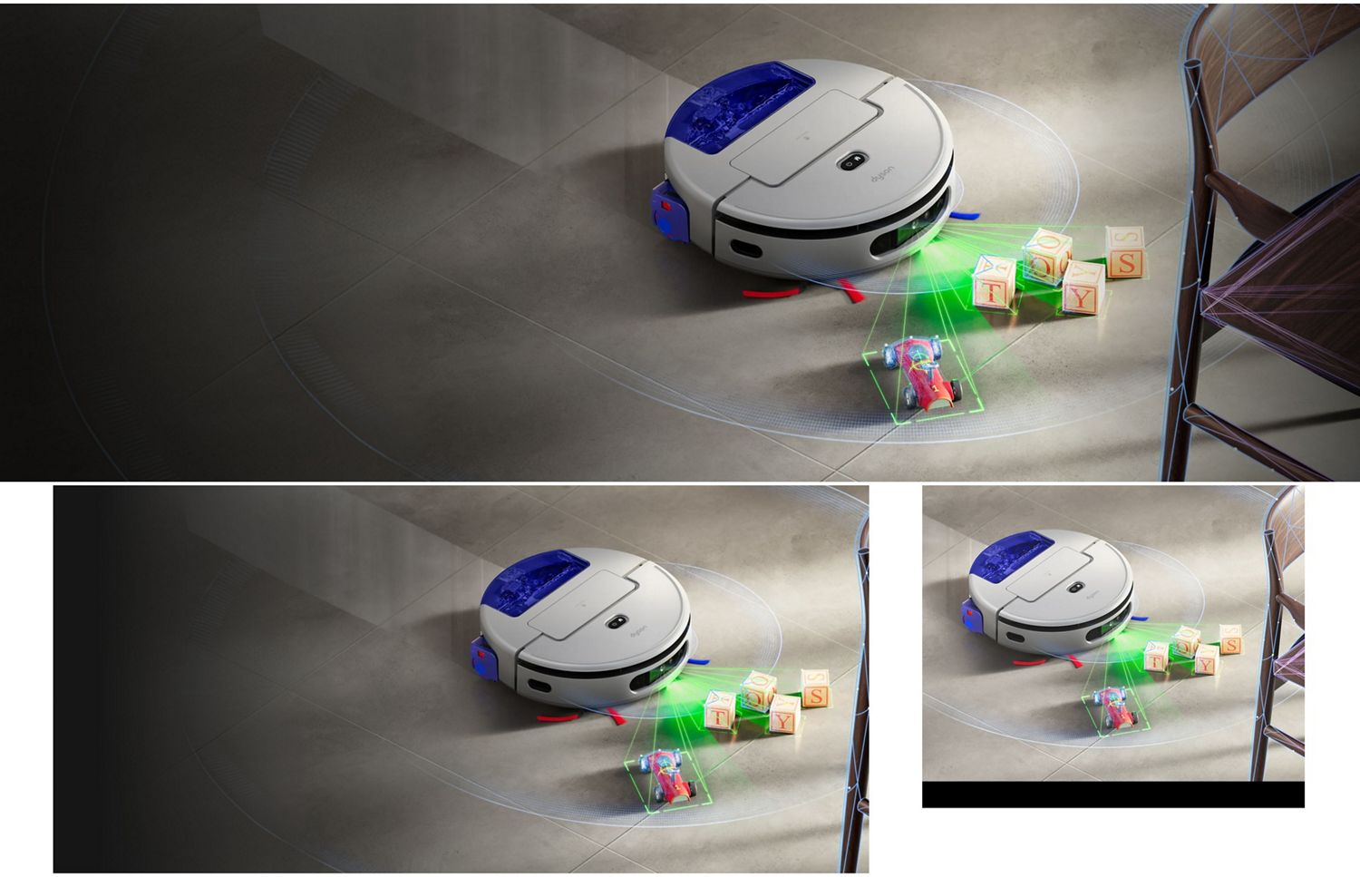 Dyson R3 Nurovi Spot+Scrub UV robot vacuum detects obstacles in a home.