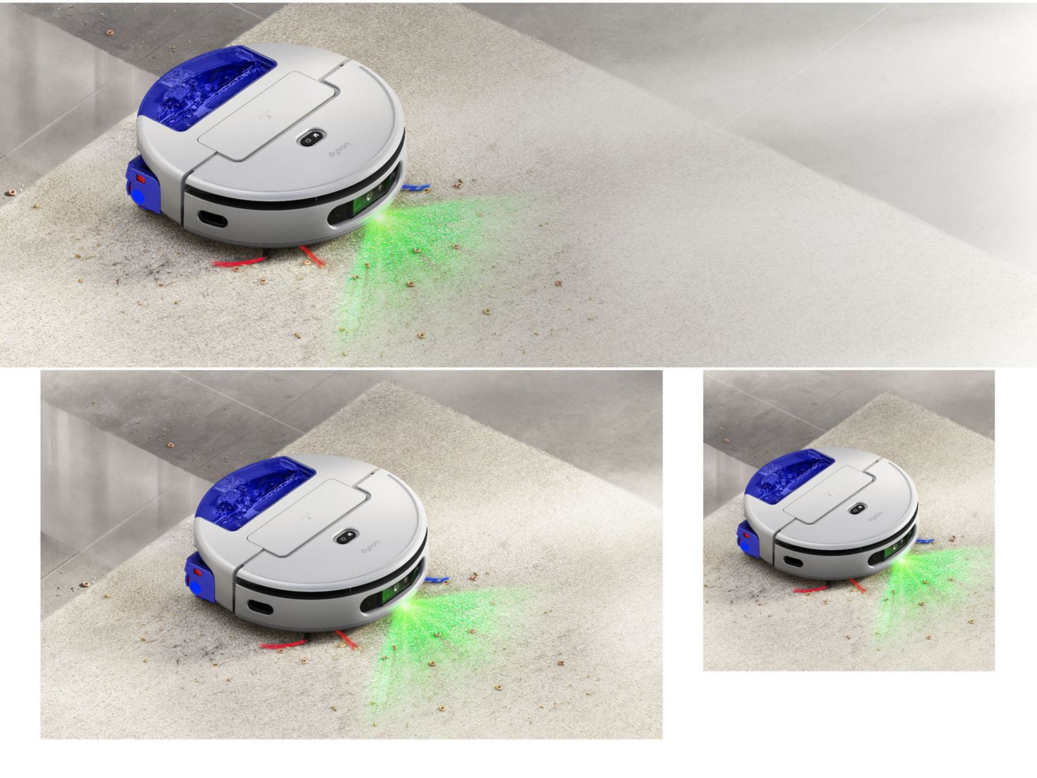 Dyson R3 Nurovi Spot+Scrub UV robot vacuum cleans a carpeted floor.