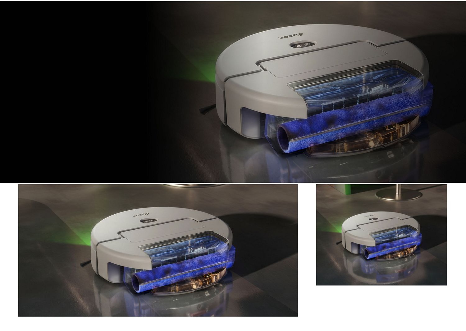 Cutaway showing the roller inside the Dyson R3 Nurovi Spot+Scrub UV robot vacuum.