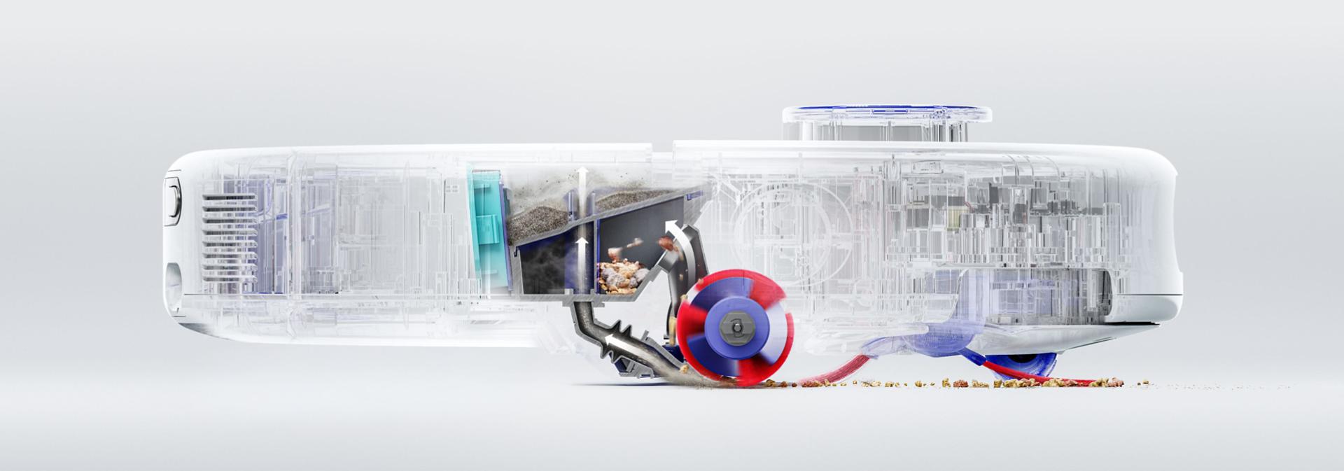 Cutaway shows the Twin-capture system inside the Dyson R1 Nurovi and R2 Nurovi robot vacuum cleaners.