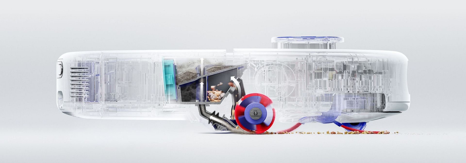 Cutaway shows the Twin-capture system inside the Dyson R1 Nurovi and R2 Nurovi robot vacuum cleaners.
