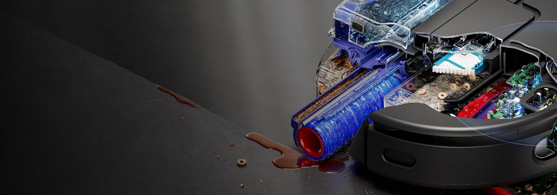 Cutaway shows the self-cleaning wet roller on the Dyson Spot+Scrub Ai robot vacuum.