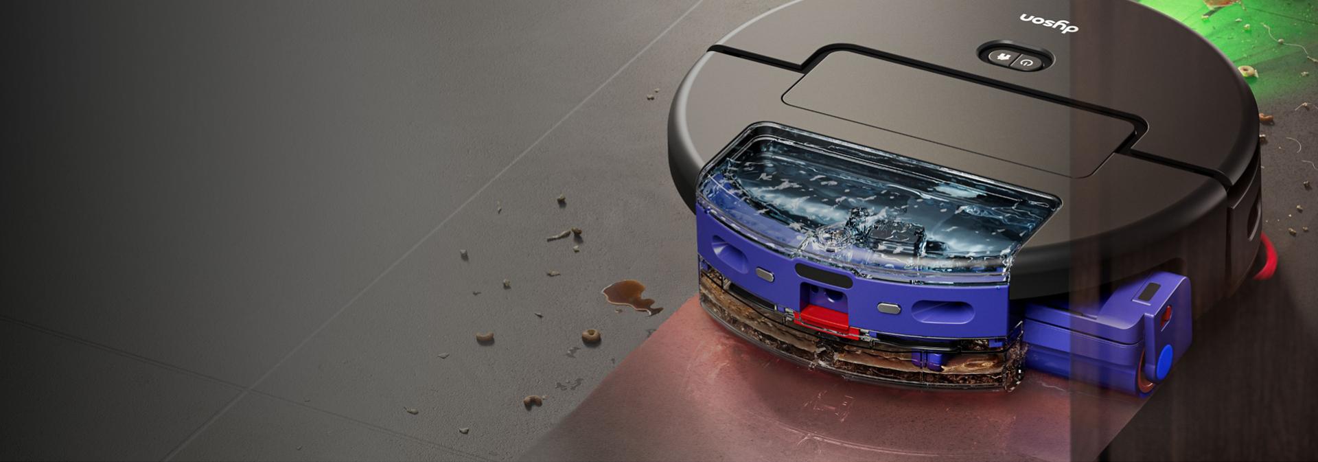 Cutaway shows the heated water reservoir on the Dyson Spot+Scrub Ai robot vacuum.
