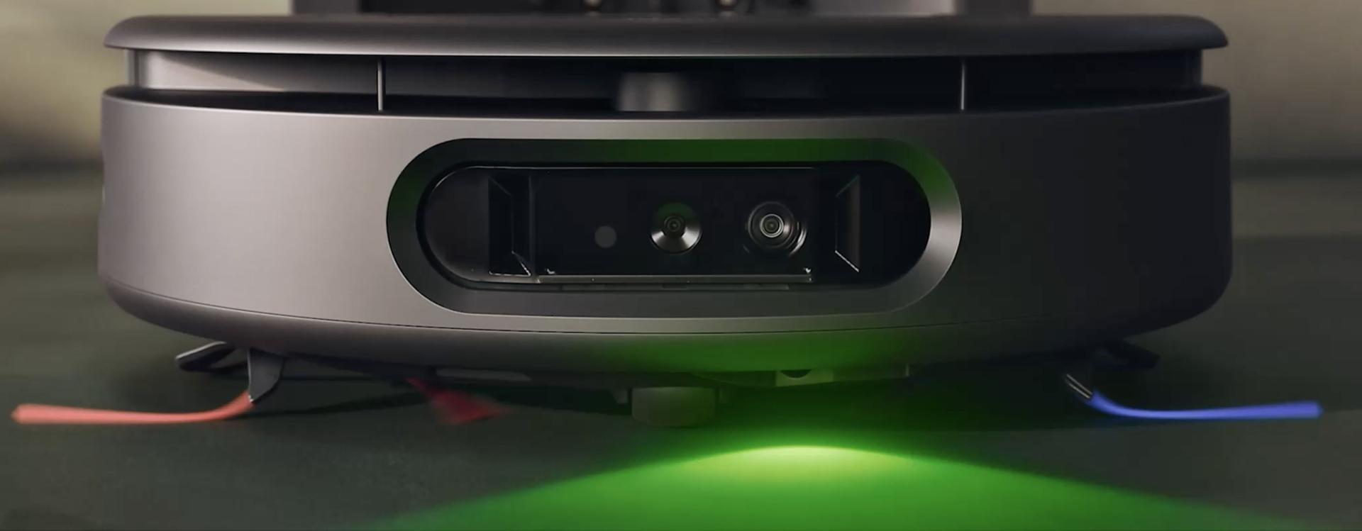 The Dyson Spot+Scrub Ai wet and dry robot vacuum cleaner emits a green light to aid detection of spills and debris.