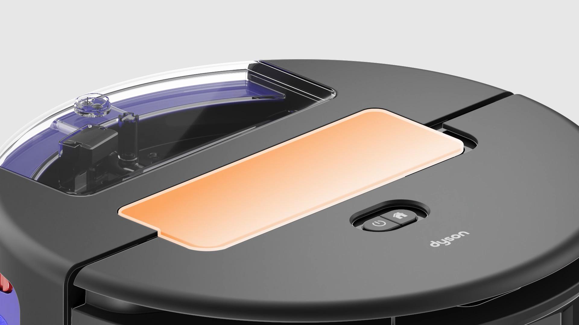 The Dyson Spot+Scrub Ai robot vacuum’s dry bin highlighted.