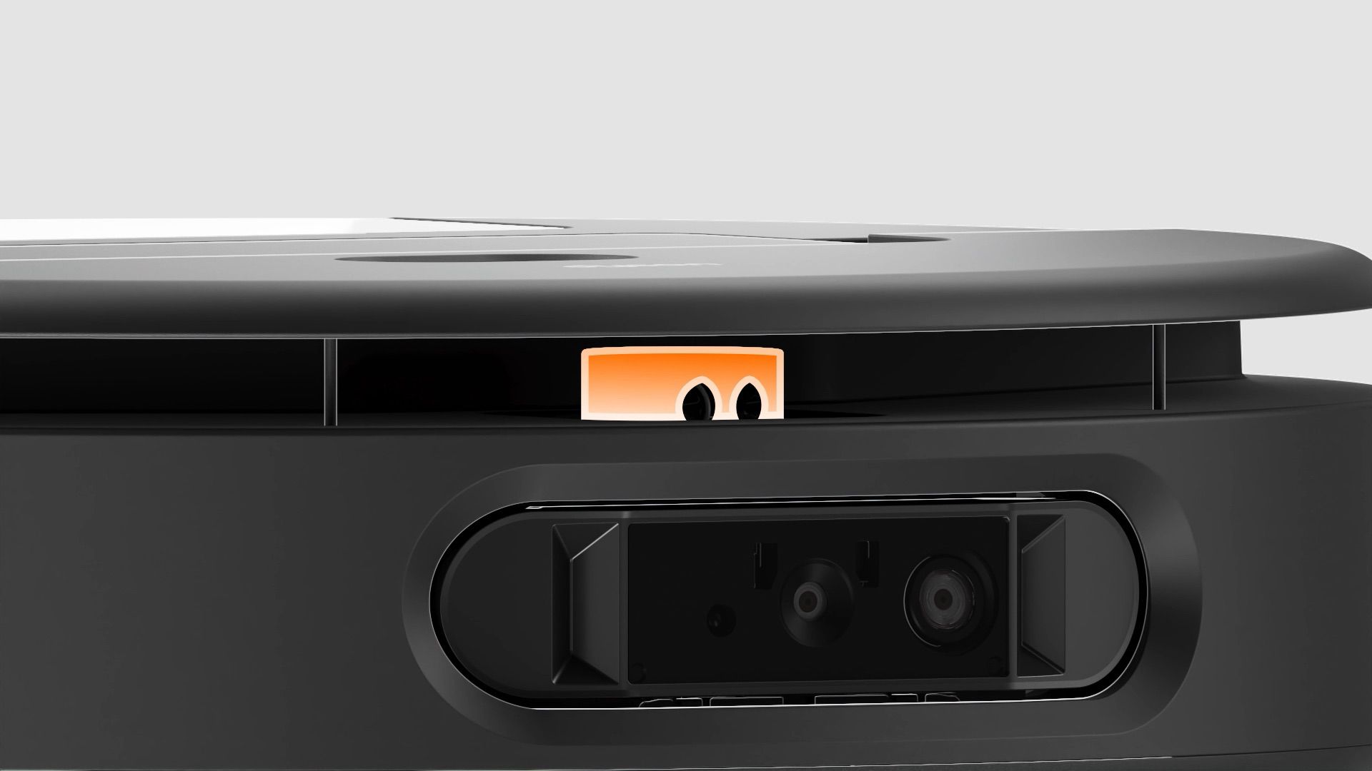 The Dyson Spot+Scrub Ai robot vacuum’s LiDAR sensors highlighted.