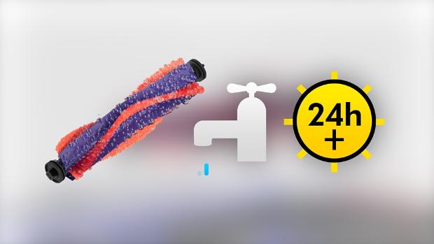 O pictogramă cu un robinet și „24 de ore”, alături de peria rotativă.