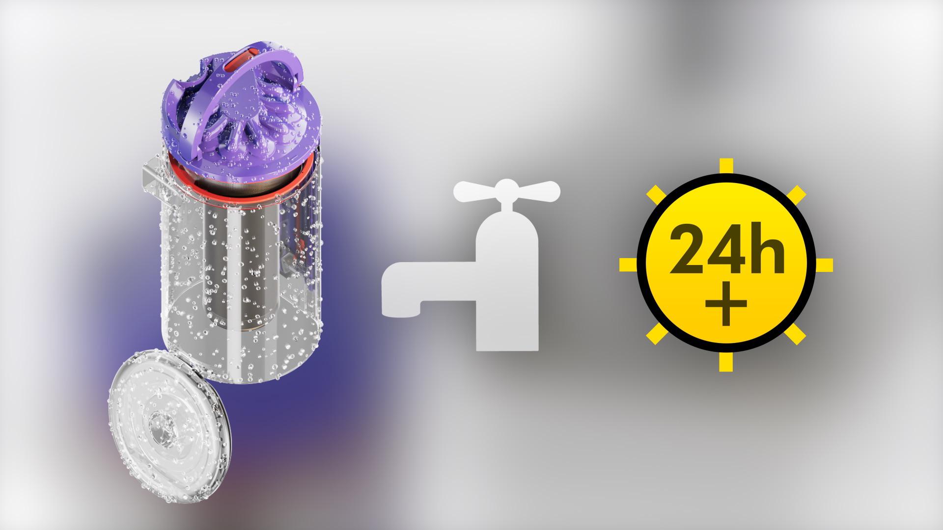 A tap and 24hr icon with the dry bin of the docking station.