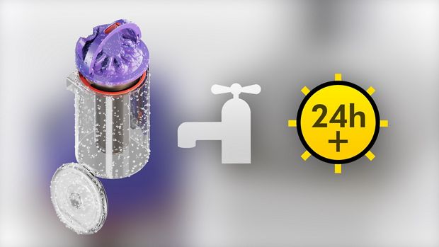 도킹 스테이션의 마른 먼지통과 수도꼭지 및 24시간 아이콘.