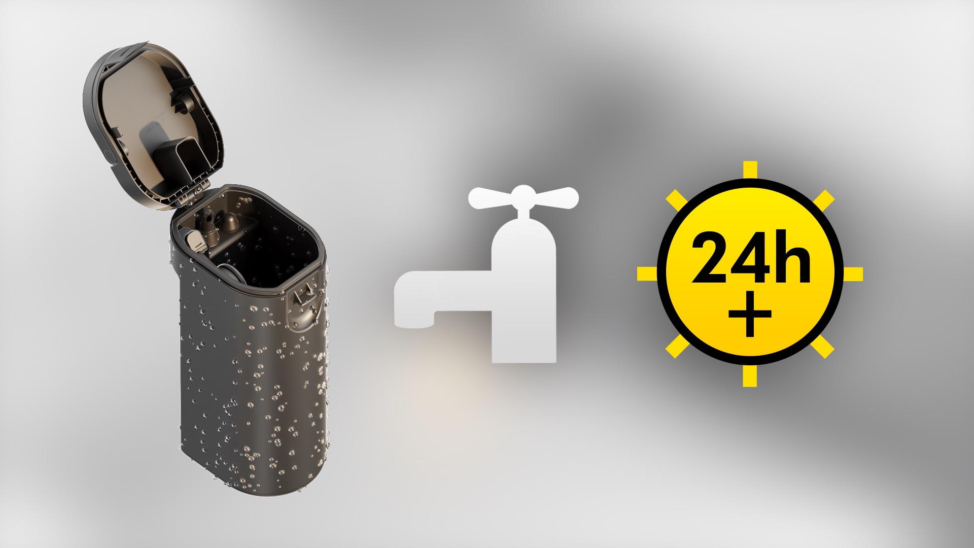 A tap and 24hr icon with the dirty water tank of the docking station.