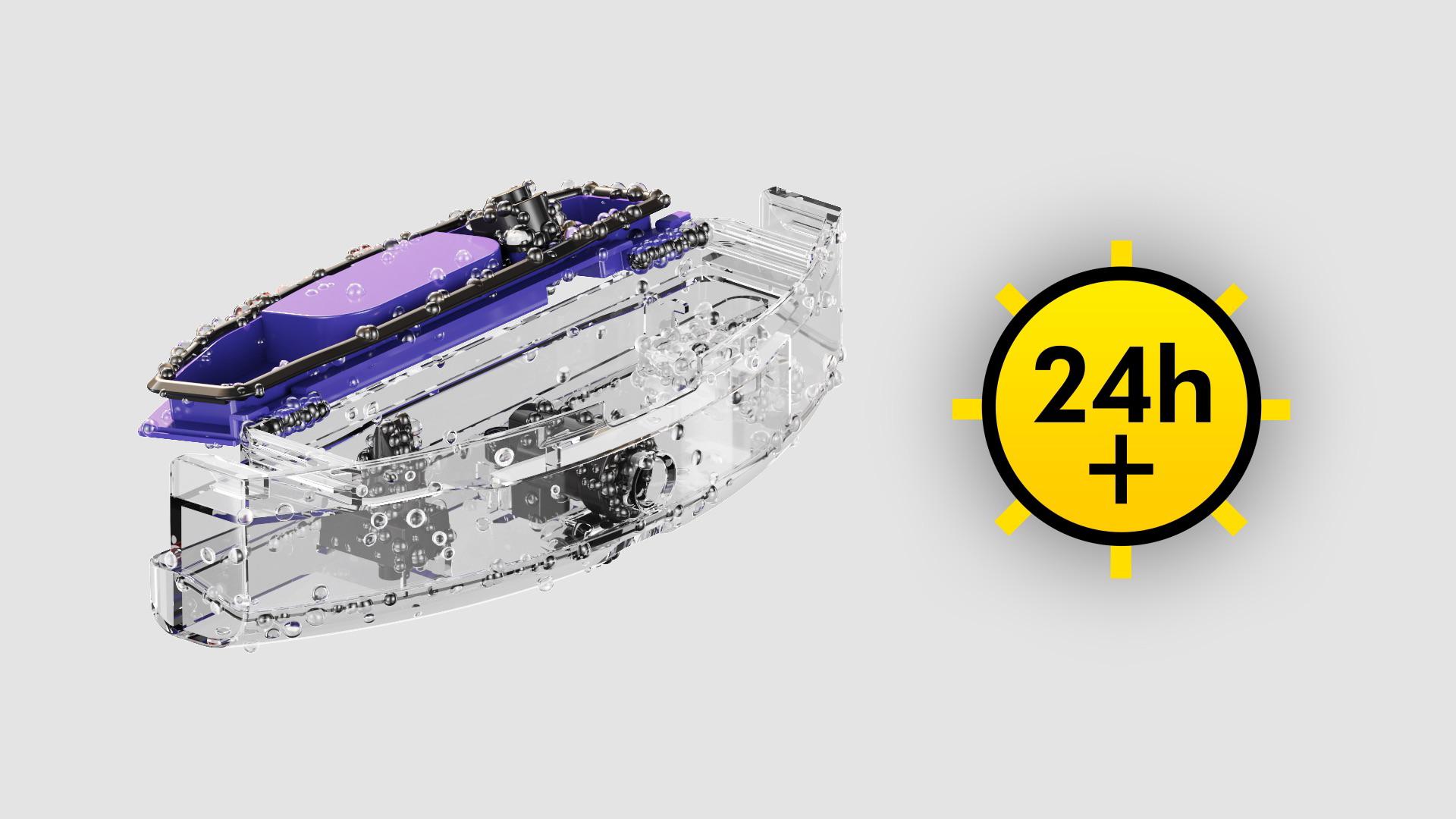 A tap and 24hr icon with the dirty water tank of the robot vacuum.