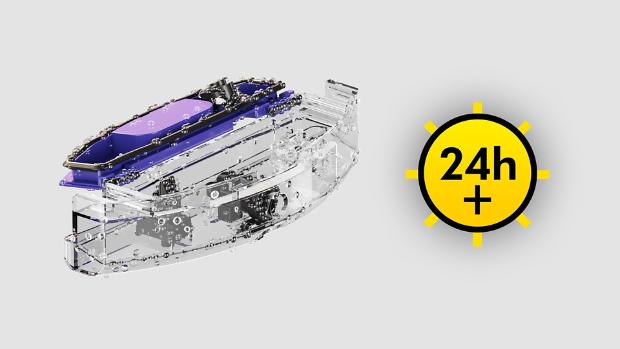 O pictogramă cu un robinet și „24 de ore”, alături de rezervorul de apă murdară al aspiratorului robot.