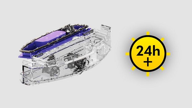 로봇 청소기의 오수통과 수도꼭지 및 24시간 아이콘.