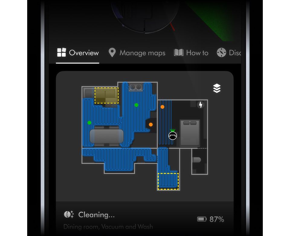 Plano de una vivienda en la aplicación MyDyson que muestra varias habitaciones y la ubicación del robot aspirador Spot+Scrub Ai.