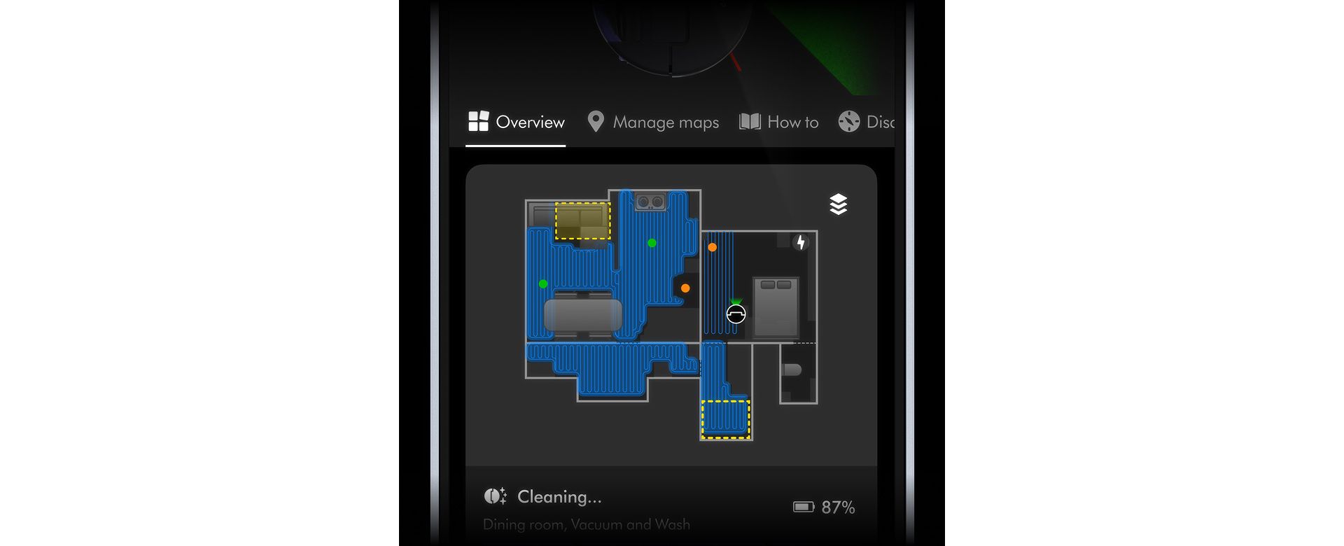 A floor plan of a home on the MyDyson app showing various rooms and the location of the Spot+Scrub Ai robot vacuum.