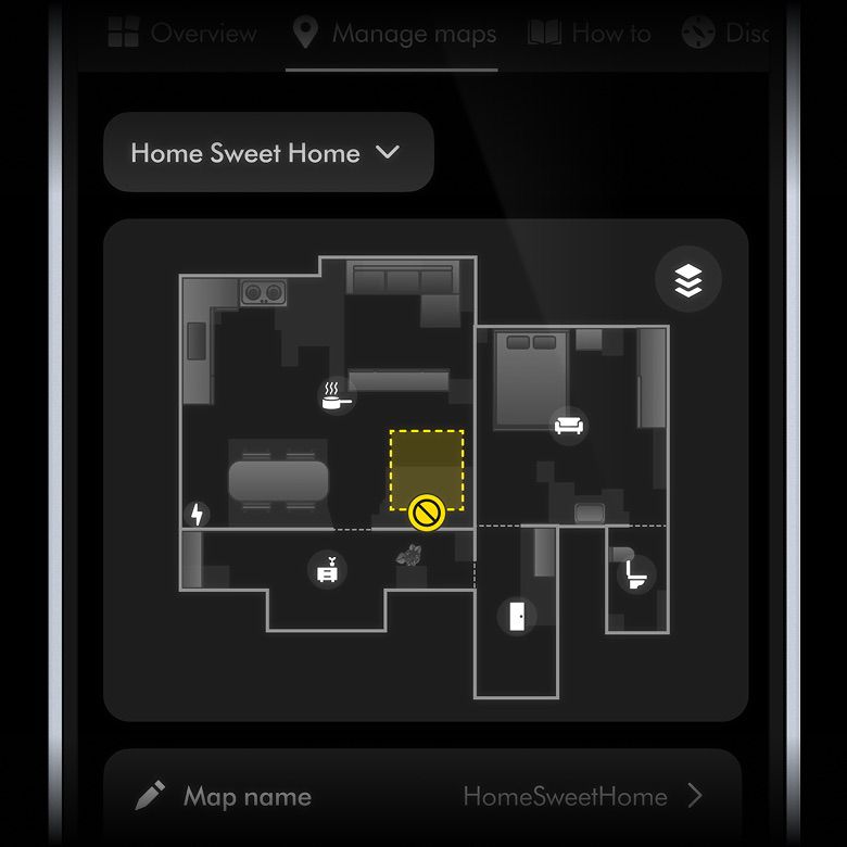 Un plan d’une maison sur l’application MyDyson montrant une zone avec des règles de nettoyage spécifiques.