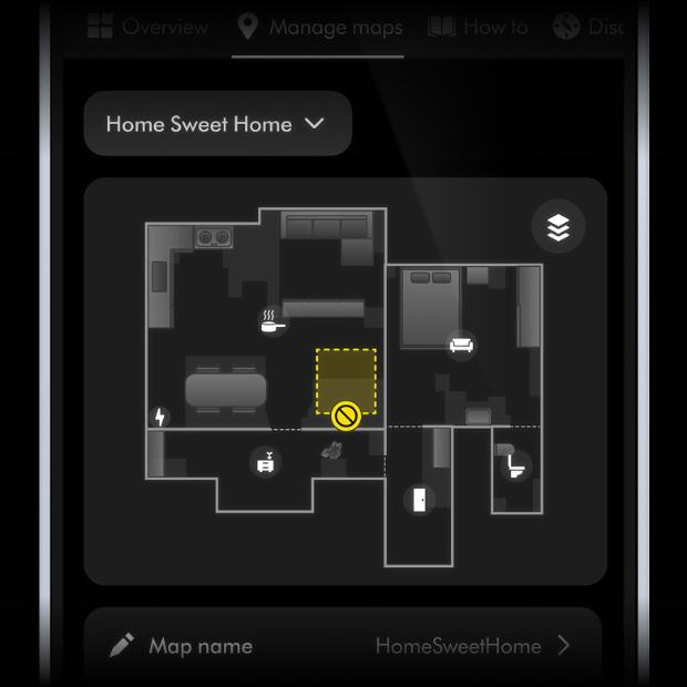A floor plan of a home on the MyDyson app showing a zone with specific cleaning rules.