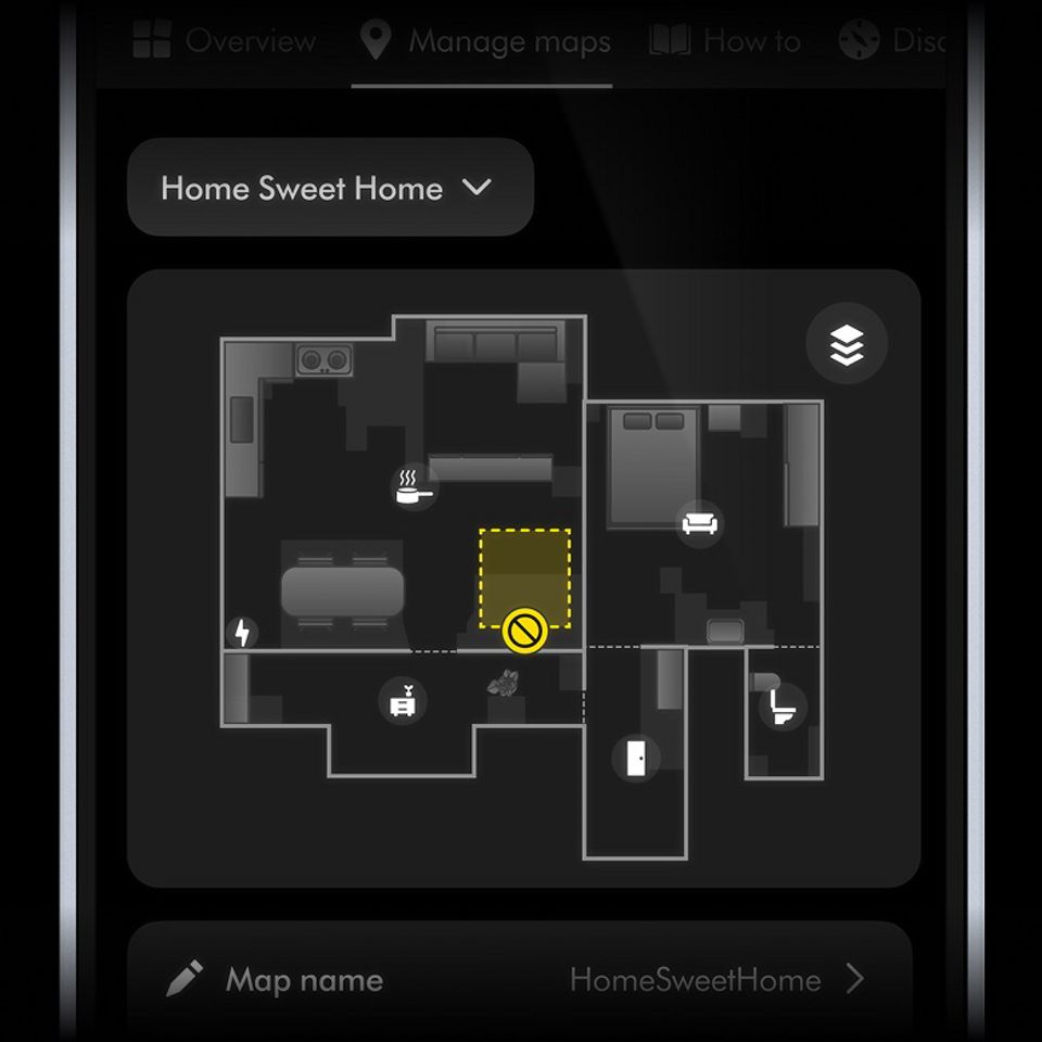 Plano de una casa en la aplicación MyDyson que muestra una zona con reglas de limpieza específicas. Plano de una casa en la aplicación MyDyson que muestra una zona con reglas de limpieza específicas.