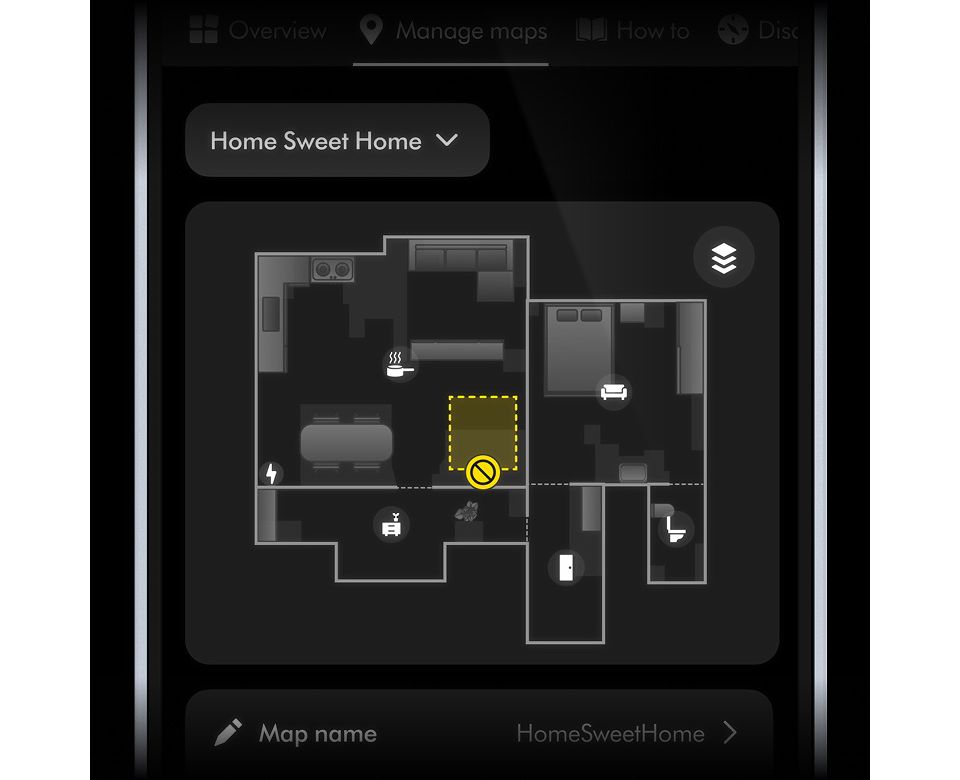 Plano de una casa en la aplicación MyDyson que muestra una zona con reglas de limpieza específicas.