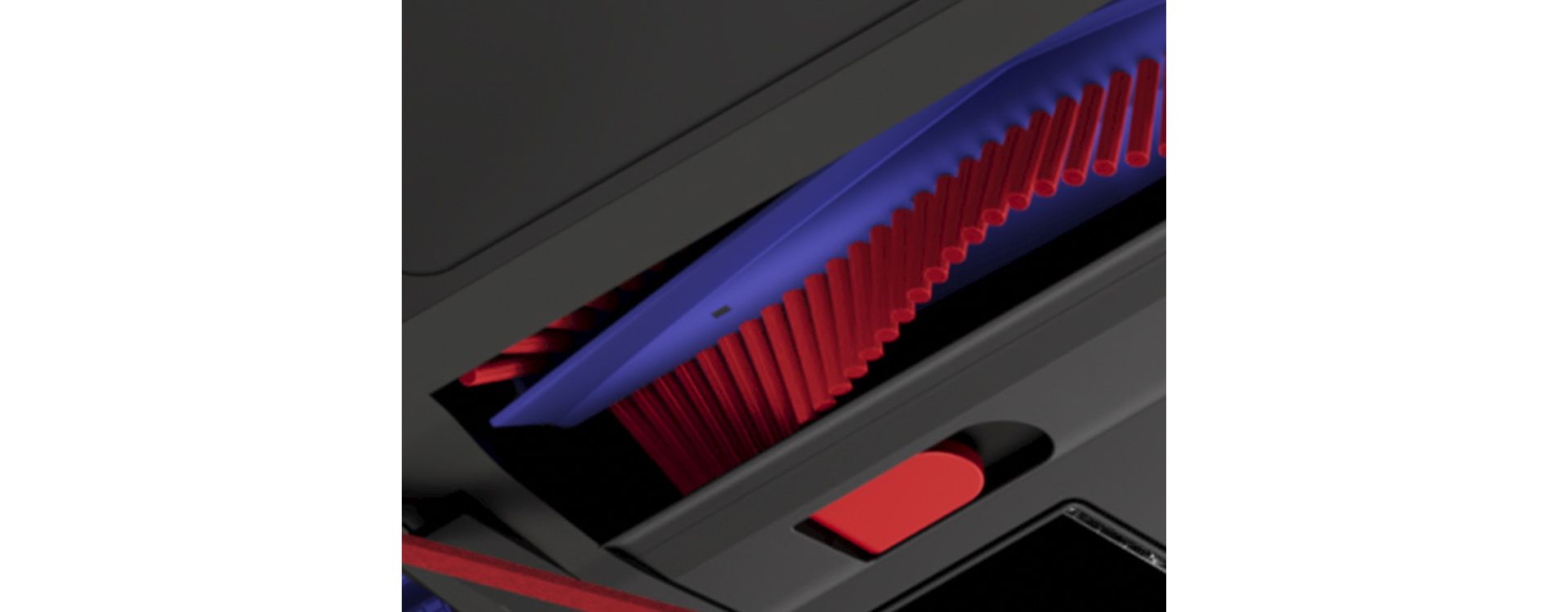 Close-up of the anti-tangle brush bar on the Dyson Spot+Scrub Ai robot vacuum.