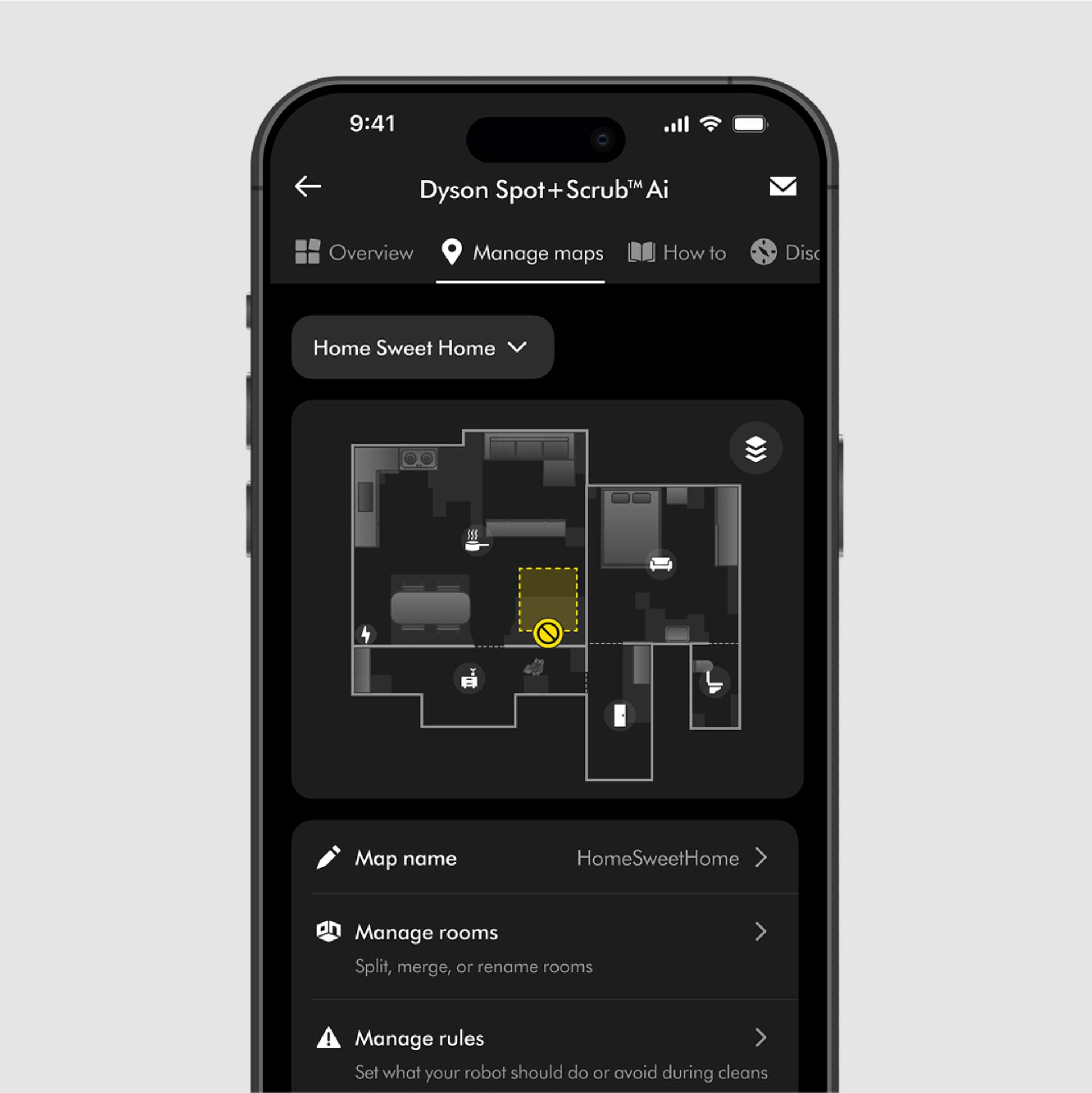 A floor plan of a home on the MyDyson app to control where the Dyson Spot+Scrub Ai robot vacuum cleans.