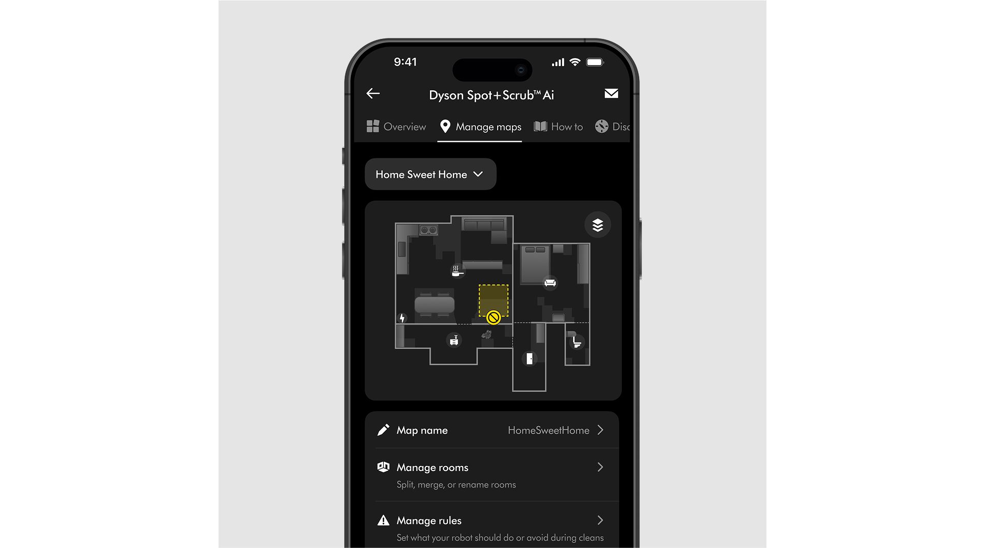 A floor plan of a home on the MyDyson app to control where the Dyson Spot+Scrub Ai robot vacuum cleans.