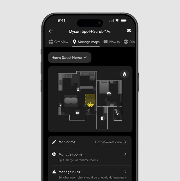 MyDyson 앱에서 다이슨 스팟+스크럽 Ai 로봇 청소기의 청소 구역을 제어할 수 있는 집 안의 평면도.